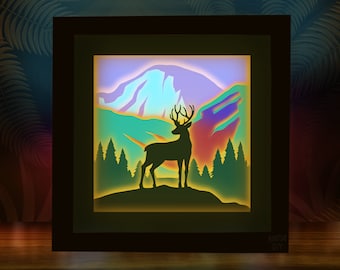 Deer in Mountains 3D Shadow Box SVG, Layered Papercut Lightbox, Nature 3D SVG for Cricut, Forest Shadowbox Template, 3D Paper Art Design