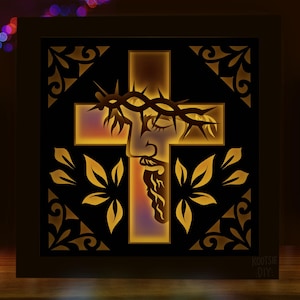 Modello di scatola ombra croce di Gesù SVG per Cricut Lightbox, mandala a strati crocifisso 3D, settimana santa SVG PNG multistrato, volto di Gesù pasquale