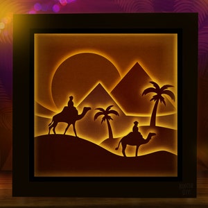 Caja de sombras de Egipto SVG para Cricut, Silhouette, Mandala en capas 3D, corte de papel piramidal, SVG de naturaleza, vector de paisaje asiático Caja de sombras de viaje de El Cairo