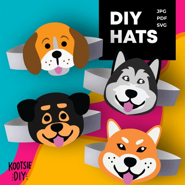 Chapeaux de fête de chien en couches imprimables pour les enfants, couronnes en papier pour chiots, activités de bandeau de chien Artisanat, accessoires de photobooth Husky, impression de masque Beagle SVG