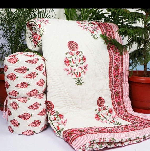 Hand Block Print Cotton Quilt: Lightweight Jaipuri Razai Bedding,Handmade Cotton filling quilts