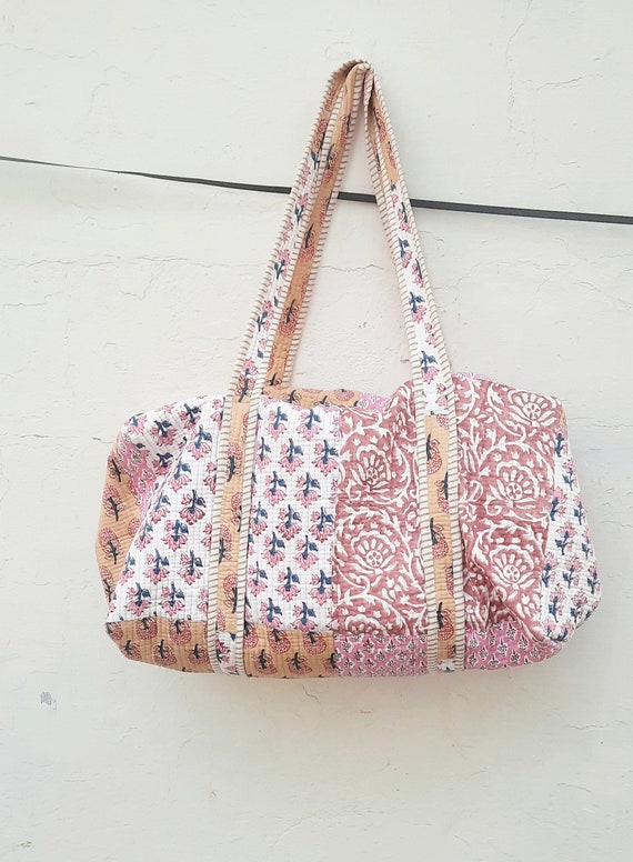 Handmade Cotton Quilted Duffle Bag: Block Print Weekender Travel Bag Luggage Bags