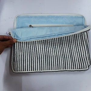 Indian Cotton Quilted Laptop Sleeves, Dark Blue Striped Cotton MacBook Case, Personal  Laptops Bags