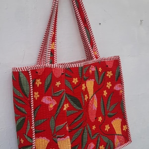 Quilted Cotton Hand Printed Large Red Floral Tote Bags Eco friendly Sustainable Sturdy Grocery Shopping Handmade Art Boho Tote Bag