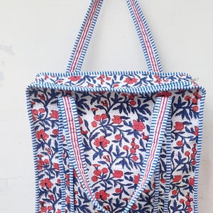 Hand Block Print Quilted Cotton Tote Bag: Floral Shopping Carrier