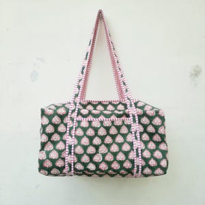 Borsa da viaggio grande in cotone con stampa a blocchi, borsa da weekend trapuntata in stile boho
