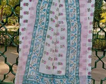 Pareo de algodón con estampado floral hecho a mano: chal playero indio, bufanda ligera de algodón tipo pareo.