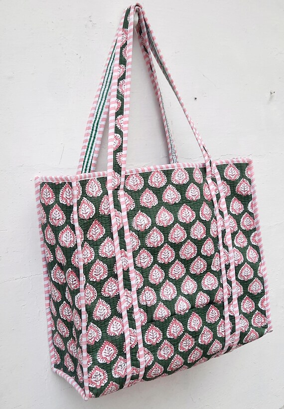 Block Printed Cotton Quilted Tote Bags: Large Travel Beach Bag - Main Image