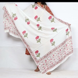 Salmon Pink Thulian Pink Moss Green Indian Floral Hand Block Printed 100% Pure Cotton Women&#39;s Dupatta, Stoll Dupattas for Girls Beautiful