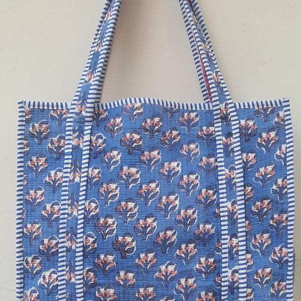 Hand Block Print Cotton Quilted Tote Bag: Large Floral Shopping Carrier