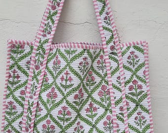 Indian Floral Block Print Quilted Cotton Tote Bag,Handmade Shopping Bag, Beach Overnight Bags