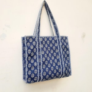 Dark Blue Indian Floral Print Large Quilted Cotton Tote Bag, Handmade Shoulder Bag