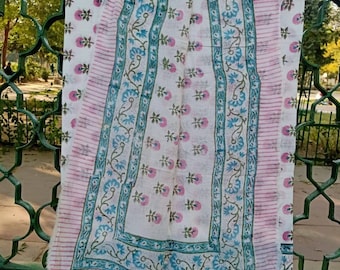 Hand Block Print Cotton Sarong: Sanganeri Floral Beach Scarf Lightweight Mal Cotton Pareo Scarves