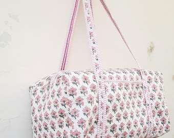 Handmade Large Cotton Quilted Duffle Bags, Floral Block Print Weekender Overnight Beach Bags