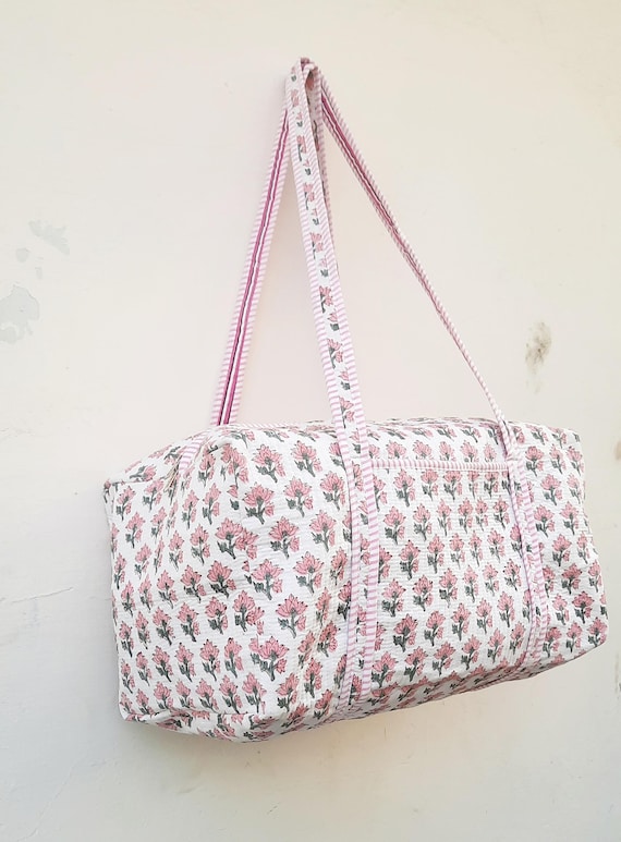 Handmade Large Cotton Quilted Duffle Bags, Floral Block Print Weekender Overnight Beach Bags
