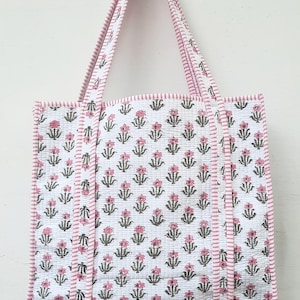 Sacs fourre-tout matelassés grande taille en coton rose, sac d'épicerie, sac fourre-tout à imprimé floral, sac fait main en coton ethnique, sacs fourre-tout vintage