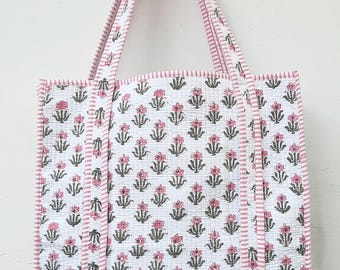 Sacolas grandes acolchoadas de algodão rosa, sacolas de compras de supermercado, sacolas com estampa floral, bolsas artesanais de algodão étnico, sacolas vintage
