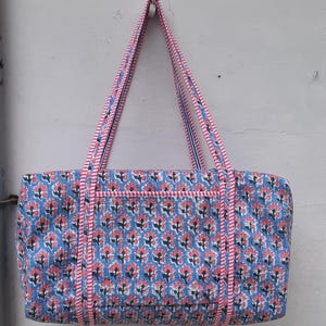 Rosa & Blau Baumwolle Gesteppte Große Reisetasche, Handgefertigte Gesteppte Stoff Reisetasche, Block Gedruckt Reisetaschen, Handgepäck Tasche Damentaschen
