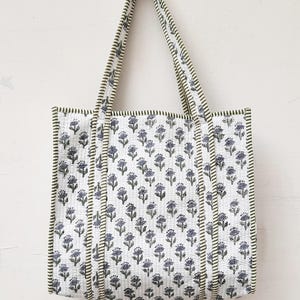 Quilted Cotton Handprinted Reversible Large Gray Floral Tote Bags Eco friendly Sustainable Sturdy Grocery Shopping Handmade Art Boho Bags