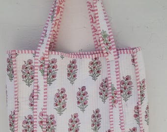 Pink Floral Block Print Quilted Tote Bags, Large Cotton Shopping Bag, Indian Handmade Bag