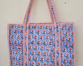 Large Cotton Quilted Tote Bag, Floral Print Travel Bags Indian Office Handmade tote
