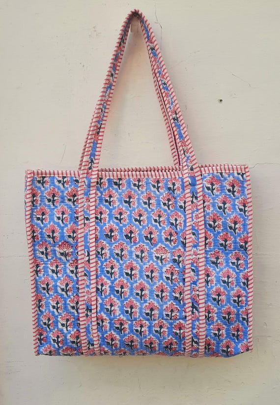 Large Cotton Quilted Tote Bag, Floral Print Travel Bags Indian Office Handmade tote