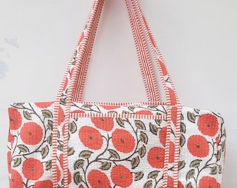 Vintage Quilted Cotton Duffel Bag, Hand Block Print Travel Weekender shopping Bags