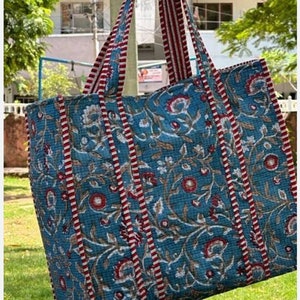 Indian Quilted Tote Bag, Grocery Shopping Bag, Floral Block Print Tote Bag, Ethnic Cotton Handmade Cotton Bag, Vintage Tote Bag for Her
