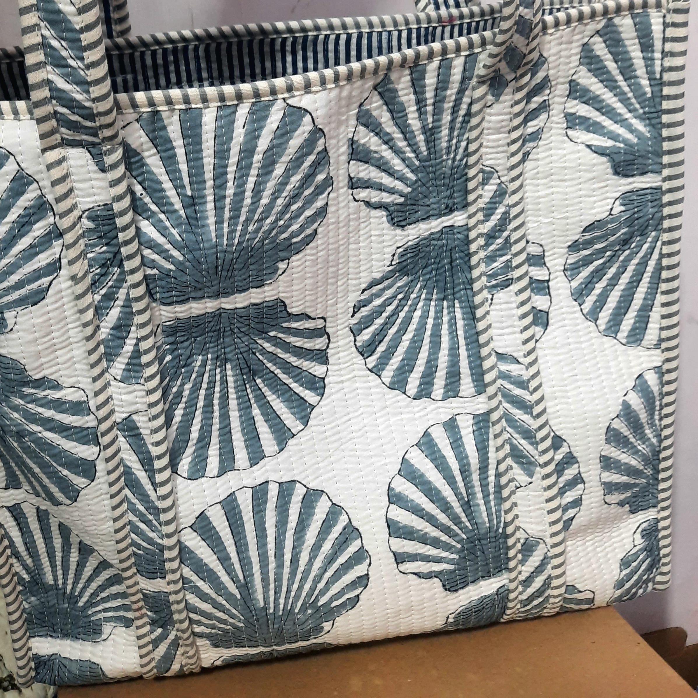 Hand Block Print Cotton Quilted Tote Bag: Large Indian Shopping 