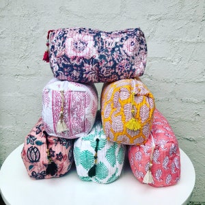 Vintage Indische Block Print Große Kulturtasche, Bunte Schminktasche Gesteppte Stoff Kosmetiktasche Kulturbeutel Kulturtasche