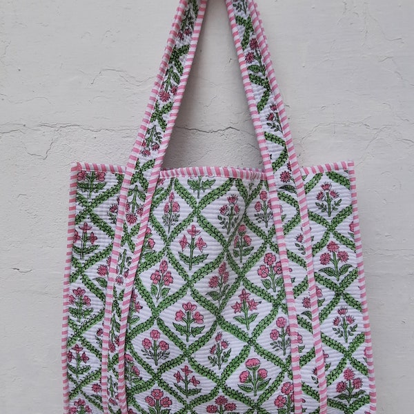 Cotton Block Print Tote Bag - Large | Handcrafted Eco-Friendly Indian Artisan Bag Pink Blue floral main image 1