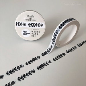 Flower Washi tape • Doodle bloemen • Border tape in zwart en wit • Dunne decoratieve masking tape • 8 mm x 10 m • bujostickers.com 051