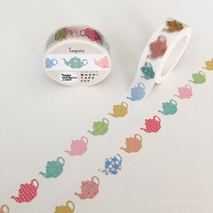 Teapot Washi tape • Pastel pattern kawaii teatime • Decorative masking tape • 15 mm x 10 m • bujostickers.com 069