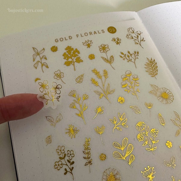 Gold florals • Gold foil washi stickers 03 • Flowers, plants, botanical • Bullet journaling, organizing, decorating, scrapbooking, cards