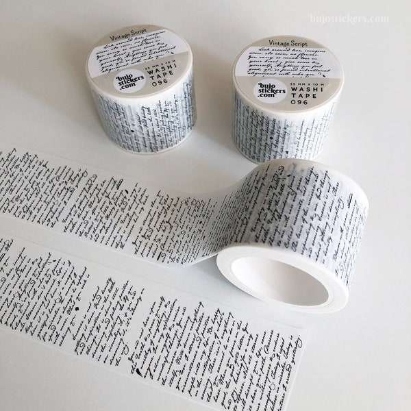 Brede Vintage Script Washi tape • Handschrift, Oude letter, Efemere • Decoratieve maskeertape 35 mm x 10 m • bujostickers.com 096