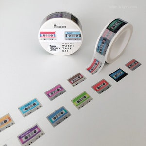 Mixtapes Taśma washi • Kasety retro • Muzyka, audio, MC • Taśma dekoracyjna maskująca • 15 mm x 10 m • bujostickers.com 086