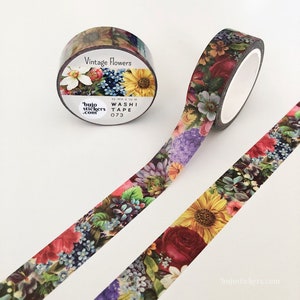 Vintage Blumen Washi Tape • Rote, gelbe, lila, blaue und rosa Blumen • Dekoratives Masking Tape • 15 mm x 10 m • bujostickers.com 073
