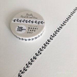 Washi Tape • Doodle Floral & Leaf Vine • Randband in schwarz weiß • Dünnes dekoratives Masking Tape • 8 mm x 10 m • bujostickers.com 047