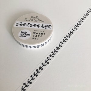 Washi tape • Doodle Floral & Leaf Vine • Border tape in black and white • Thin decorative masking tape • 8 mm x 10 m • bujostickers.com 047