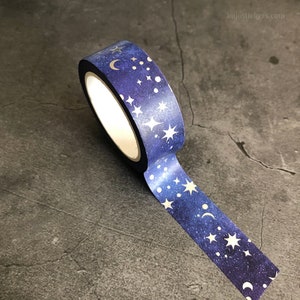 Silbersterne Space Washi Tape • Mitternachtsblau, dunkellila Aquarell, Silberfolie Sterne • 15 mm x 10 m • bujostickers.com 102