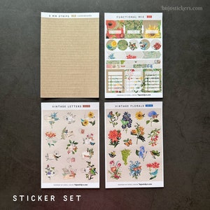 Vintage Blumenaufkleber-Set mit sowohl funktionalen als auch dekorativen Aufklebern. Blumen, altes Papier, Streifen, Register, Todo-Liste. www.bujostickers.com