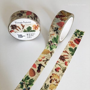 Fita Washi de outono vintage • Floresta de outono, plantas e frutas • Fita adesiva decorativa • 15 mm x 10 m • bujostickers.com 083