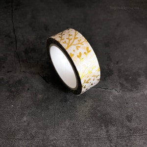Goldfolien Washi Tape • Blumen- und Blattmuster in Gold auf Weiß • Gilde dekoratives Klebeband • 15 mm x 10 m • bujostickers.com 098
