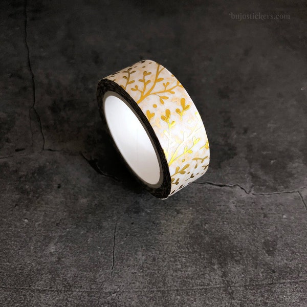 Gold foil Washi tape • Floral and foliage pattern in gold on white • Guilded decorative masking tape • 15 mm x 10 m • bujostickers.com 098