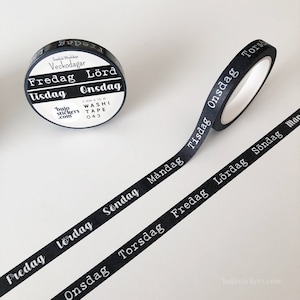 Zwarte Washi tape in het Zweeds • Veckodagar på svenska (Weekdagen in het Zweeds) • Planner masking tape • 7 mm x 10 m • bujostickers.com 043