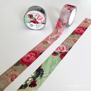 Taśma washi Vintage Roses • Romantyczna, urocza, vintage • Pismo odręczne i znaczki • Dekoracyjna taśma maskująca • 20 mm x 10 m • bujostickers.com 090