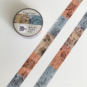 Cinta Washi • Vintage Mail and Letters & Postage en azul, marrón, beige • Cinta decorativa de enmascaramiento • 15 mm x 10 m • bujostickers.com 062
