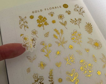 Gold florals • Gold foil washi stickers 03 • Flowers, plants, botanical • Bullet journaling, organizing, decorating, scrapbooking, cards