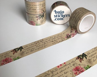 Washi tape • Handwriting and vintage flowers on kraft paper style background • 25 mm x 10 m • bujostickers.com 020