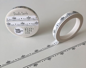 Washi tape • Doodle swirls decorative border tape in black and white • Thin decorative masking tape • 7 mm x 10 m • bujostickers.com 038